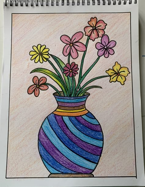 Pretty Flower Drawing, Flower Vase Drawing, Kida Atlantis, Scenery Drawing For Kids, Beginning Watercolor, Kids Canvas Painting, Easy Art For Kids, Colorful Borders Design