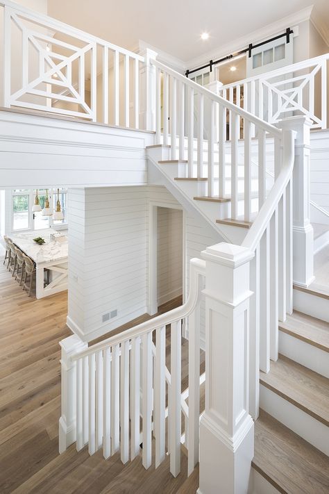 Benjamin Moore Super White All white staircase railing, spindles and balusters Benjamin Moore Super White All trim and shiplap are enameled in Benjamin Moore Super White Benjamin Moore Super White All white staircase railing, spindles and balusters Benjamin Moore Super White All white staircase railing, spindles and balusters #BenjaminMooreSuper White #Allwhitestaircase #whitestaircase #railing #spindles #balusters #staircase Lake House Interior Design, Interior Stair Railing, Interior Railings, White Staircase, White Stairs, Lake House Interior, House Staircase, Stairway Design, Apartment Decoration