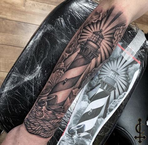 Lighthouse Sleeve Tattoo, Lighthouse Tattoo Men Forearm, Lighthouse Leg Tattoo Sleeve, Lighthouse Half Sleeve Tattoo, Lighthouse Shin Tattoo, Nautical Tattoo Sleeve For Women, Nautical Arm Sleeve, Female Lighthouse Tattoo, Lighthouse Tattoo Men