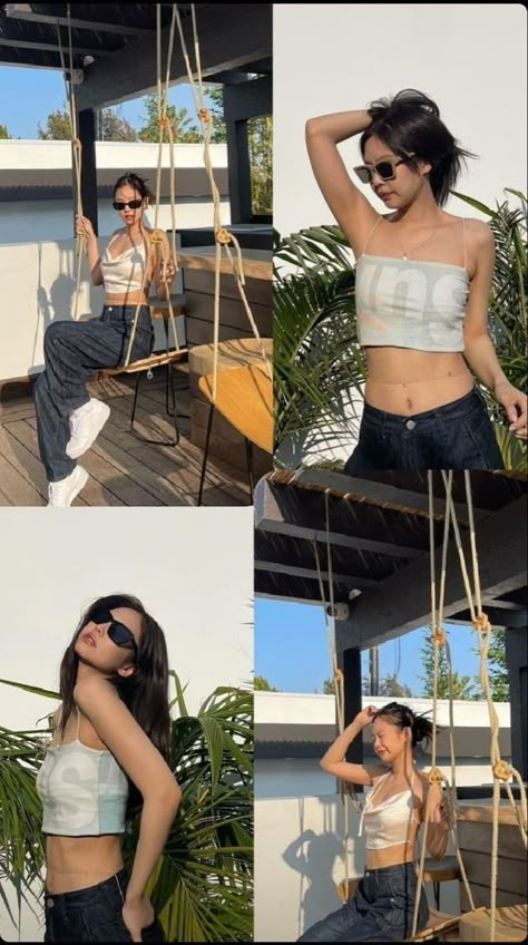 Jennie Kim Summer Outfit, Jennie Beach Outfit, Jennie Summer Outfit, Jumpsuit Outfit Ideas, Jennie Style, Summer Poses, Dara Kpop, Look Classy, Stylish Photo Pose