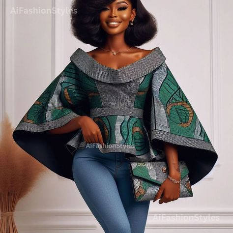 This is for our #instafashionistas who love #ankarastyles with #denimjeans. Tag a friend who would love these styles. | Instagram African Design Clothes, Traditional Jackets For Women, Summer Ankara Outfits, African Design Tops, Traditional Tops African With Jeans, Denim And African Print Dress, Traditional Tops For Women, Top African Style, Africana Top Styles For Women