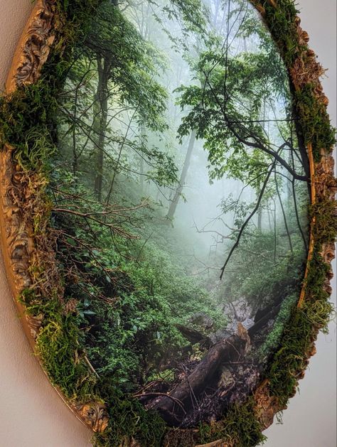 Moss Mirror Diy, Forest Portal, Moss Mirror, Moss Frame, Pagan Crafts, Moss Decor, Architectural Sculpture, All Season Wreath, Frame Ideas