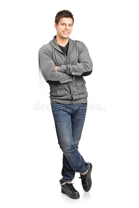 Happy young man leaning against wall. Full length portrait of a happy young man #Sponsored , #Paid, #AD, #man, #Happy, #portrait, #leaning Person Leaning Reference, Leaning On Wall Pose Reference, Man Leaning Against Wall, Leaning Against Wall, Drawing Poses Male, Male Models Poses, Human Reference, Wall Drawing, Figure Poses