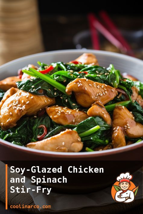 A delicious and healthy stir-fry recipe with soy-glazed chicken and spinach. Chicken Spinach Stir Fry, Spinach Stir Fry Recipes, Stir Fry Spinach, Chicken Breast Stir Fry, Stir Fry Recipes Healthy, Fried Spinach, Mushroom Stir Fry, Healthy Stir Fry, Stir Fry Recipes Chicken