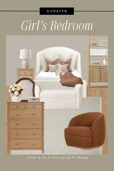 Discover elegance in this girl's bedroom, adorned with Alba striped wallpaper, creating a calm and stylish haven. The room boasts a plush white bed with chic brown touches, a classic dresser with unique scalloped design, and a modern earthy chair for a cozy nook. Perfect for a blend of tradition and trend. #GirlsBedroom #StripedWallpaper #HomeDecor #CozyChic White Classic Bedroom, Classic Dresser, Bedroom Moodboard, Classic Dressers, Accent Shelf, Scalloped Design, White Bed, Classic Girl, Classic Bedroom