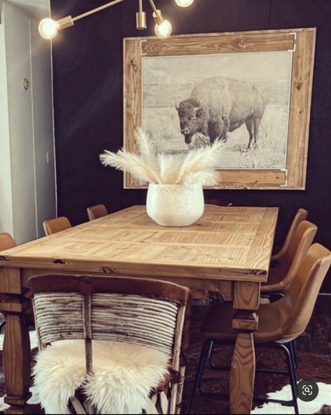 Southwestern Boho Dining Room, Western Theme Interior Design, Reindeer Pelt Decor, Southwestern Rustic Decor, Boho Hunting Decor, Ranch Glam Home Decor, Western Glam Living Room, Western Modern Dining Room, Yellowstone Decor Home Rustic