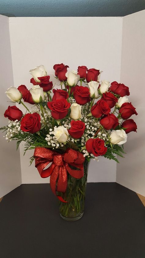 2 dozen red roses and 1 dozen white roses. Red And White Rose Arrangement, 2 Dozen Roses Arrangement, Red And White Roses Floral Arrangements, Dozen Roses Arrangement Vase, 2 Dozen Roses Bouquets, Bud Vases Arrangements, Winter Flower Arrangements, Flower Hearts, Winter Floral Arrangements