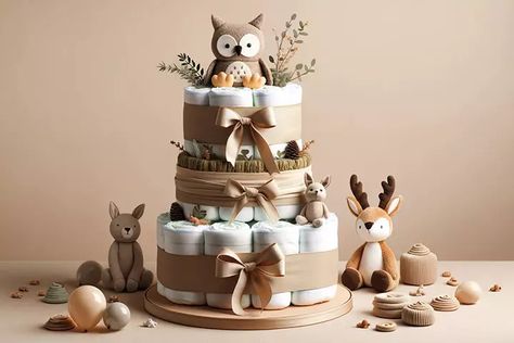 Woodland Theme Diaper Cake Boy, Woodland Theme Diaper Cake, Woodland Diaper Cake Ideas, Winter Diaper Cake, Woodland Diaper Cake, Diaper Cake Ideas, Baby Boy Diaper Cake, Balloon Lanterns