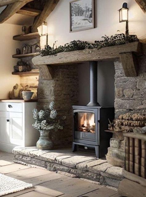 Wood Stove Room Ideas, Wood Burning Stove With Mantle, Wood Heater Ideas Living Rooms, Boho Bedroom Diy, Wood Stove Surround, Boho Bedroom Furniture, Wood Stove Hearth, Wood Burning Stoves Living Room, Cabin Fireplace