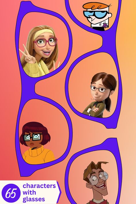 Cartoon characters with glasses Cosplay Ideas With Glasses, Movie Characters With Glasses, Smart Cartoon Characters, Glasses Costume Ideas, Characters With Glasses Halloween, Disney Characters With Glasses, Halloween Costume With Glasses, Cartoon Characters Outfits Ideas, Cartoon Character With Glasses