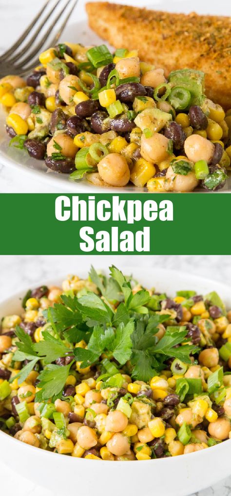 Jam-packed with flavor and protein, Southwestern Chickpea Salad is a healthy side dish that’s great for barbecues and potlucks. Chickpeas, black beans, sweet corn, and creamy avocado come together with a spicy citrus dressing for a phenomenal salad. Chickpeas Black Beans Corn, Corn Garbanzo Bean Salad, Citrus Chickpea Salad, Black Bean And Chickpea Salad, Healthy Chickpea Side Dishes, Lunch With Chickpeas, Southwest Chickpea Salad, Corn Chickpea Salad, Chickpea And Corn Recipes