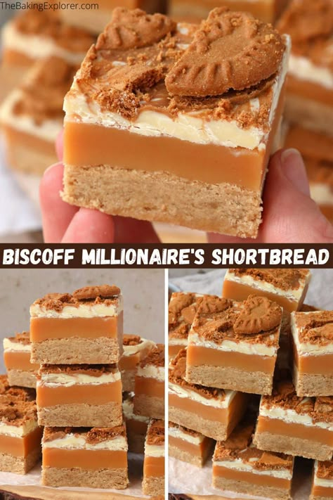 Recipe for Biscoff Millionaire's Shortbread - biscoff infused shortbread, gooey caramel, white chocolate topping swirled with Biscoff spread #thebakingexplorer #biscoff #millionairesshortbread #caramelslice #cookiebutter Millionaire Shortbread Recipe, Millionaire's Shortbread, Biscoff Recipes, Millionaire Shortbread, Biscoff Spread, Gooey Caramel, Tray Bake Recipes, Cooking Chocolate, Shortbread Recipes