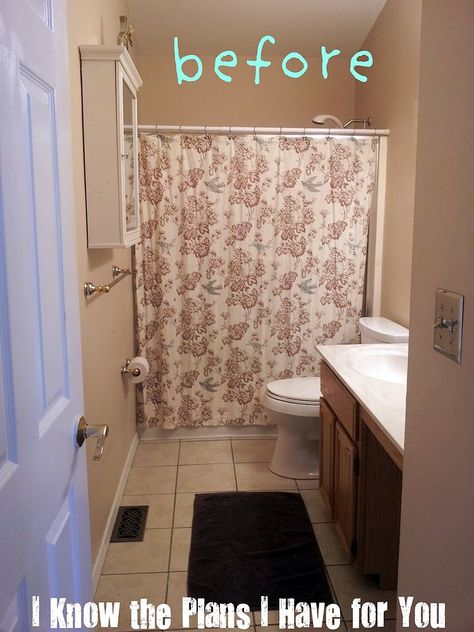 $20 Bathroom Overhaul Dated Bathroom Decor Ideas, Boho Bathroom Makeover, Small Bathroom Decor Shower Curtains, Small Bathroom With Shower Curtain, Best Colors For Bathrooms, Main Bathroom Ideas Decor, Small Bathroom No Window Ideas, Small Bathroom Shower Curtain, Small Main Bathroom Ideas