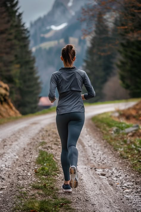 Woman Jogging on a Swiss Dirt Road Slim And Fit Aesthetic, Women Trail Running, Running Women Aesthetic, Work Out Aesthetic Women, Skydive Australia, Trail Running Women, Woman Jogging, Swiss Landscape, Short Dark Brown Hair