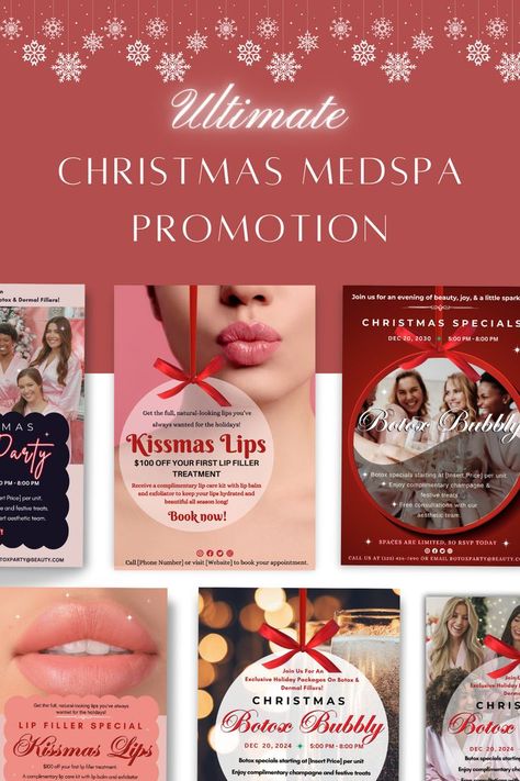 medspa promotion ideas christmas December Esthetician, Spa Promotion Ideas, Christmas Business Ideas, Medspa Social Media, Christmas Salon, Unique Salon, Medical Spa Marketing, Events Flyer, Nurse Injector