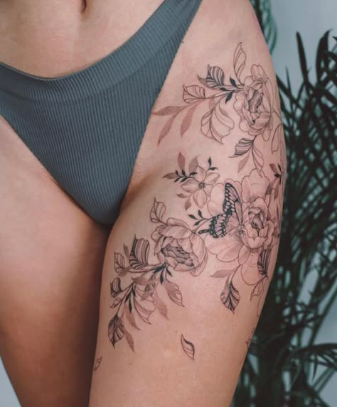 Peony Thigh Tattoo, Theigh Tattoos, Front Thigh Tattoos, Thigh Tattoos For Women, Butterfly Thigh Tattoo, Thigh Piece Tattoos, Flower Hip Tattoos, Upper Thigh Tattoos, Floral Thigh Tattoos