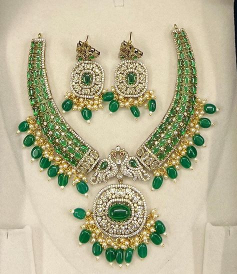 Green Polki Uncut Diamond Necklace White Zirconia Jewelry American Diamond Hanging Beads Necklace Silver Foil Pearl Indian Wedding Jewelry Premium Sabyasachi Inspire Bollywood Jewellery Set  Color   :   Green And Gold    Gemstone  :   Monalisa / Cubic Zirconia  Product Type  :  Necklace / Earring  Product Details : Our Jewelry is handcrafted by traditional artisans. Each piece is individually double checked for quality purposes.  Ideal Gift Idea: Perfect beautiful & memorable gift for you and yo Daughter And Mom, Uncut Diamond Necklace, Loving Wife, Artificial Jewelry, Hanging Beads, Diamonds Necklace, Pearl Jewelry Sets, Bollywood Jewelry, Indian Wedding Jewelry