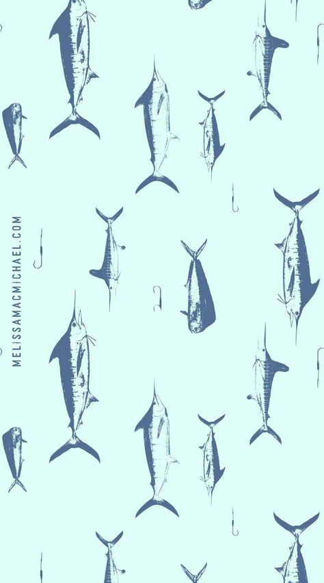 Fishing Lure Wallpaper, Fish Motif Design, Marlin Illustration, Fish Pattern Design, Fishing Wallpaper, Fish Fabric Pattern, Fish Illustrations, White Marlin, Coastal Fabric