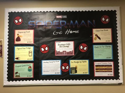 Spiderman Ra Bulletin Board, Ra Staff Bulletin Board, Anime Bulletin Board Ideas, Ra Birthday Wall, Spiderman Bulletin Board, Closing Ra Bulletin Board, Marvel Bulletin Board, Closing Bulletin Board Ra, Ra Closing Bulletin Board