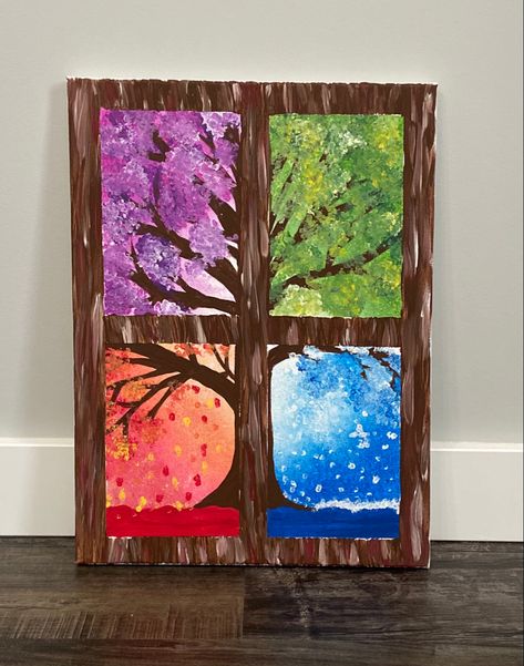 4 Season Tree, Four Seasons Painting, Four Seasons Tree, Four Seasons Art, Colorful Art Projects, Season Tree, Cute Easy Paintings, Women's Retreat, Tree Templates