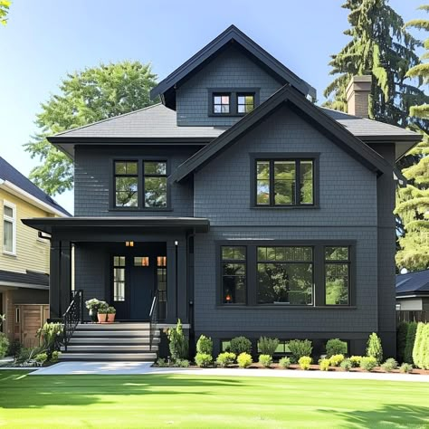 gray_house_with_black_trim 8 Homes With Dark Trim Exterior, Blue House Dark Trim, Slate Grey Exterior House Color, Dark Gray Black Trim House Exterior, Dark Blue House With Black Trim, Dark Grey House Black Trim, Dark Slate Blue House Exterior, Dark Grey House Black Windows, Houses With Black Trim