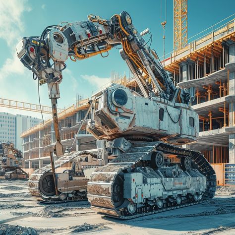 Futuristic Construction Robot: A massive robotic arm towers over the construction site, hinting at advanced building technologies. #construction #robot #technology #machinery #engineering #innovation #automation #futuristic #aiart #aiphoto #stockcake https://ayr.app/l/LVYg Futuristic Construction, Construction Robot, Robot Images, Robot Technology, Robotic Arm, Construction Machines, Construction Site, Robotics, High Quality Images