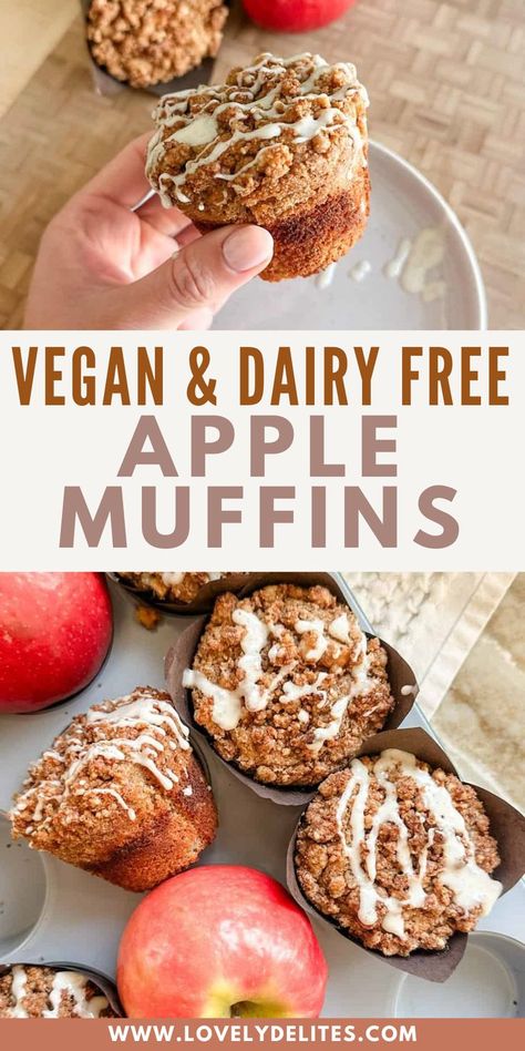 These Vegan Apple Muffins are full of fall flavor. Made with juicy apples, almond flour, and warm cinnamon, they’re topped with a delicious crumble and quick glaze. Plus, they’re super easy to make! Great for a grab and go breakfast or an after school snack. Vegan Gluten Free Muffins Healthy, Gluten Free Dairy Free Breakfast Muffins, Healthy Vegan Muffin Recipes, Healthy Christmas Muffins, Gluten Free Vegan Muffins, Vegan Muffins Healthy, Vegan Apple Cinnamon Muffins, Vegan Applesauce Muffins, Almond Meal Muffins