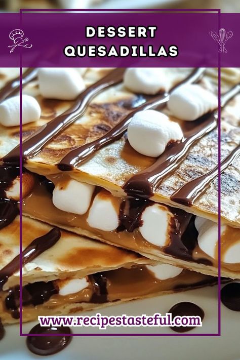 These Dessert Quesadillas are a deliciously sweet treat combining crunchy peanut butter, gooey marshmallow cream, and melted chocolate, all sandwiched between flour tortillas and cooked to perfection. Perfect for a quick dessert or snack! Dessert Nachos Recipe, Dessert Nachos, Desserts With Chocolate Chips, Crunchy Peanut Butter, Quick Dessert, Marshmallow Cream, Tortilla Recipe, Quesadilla Recipes, Nachos Recipe