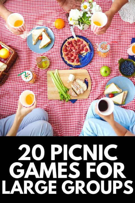 Here, we share 20 of our FAVORITE picnic games that large groups can enjoy this summer! Read more at OwnTheYard.com! Picnic Birthday Party Games, Picknick Games, Old Fashioned Picnic Games, Outdoor Picnic Games For Adults, Activities For Picnic, Games For Picnic Ideas, Picnic Party Activities, Family Games Picnics, Fun Picnic Activities