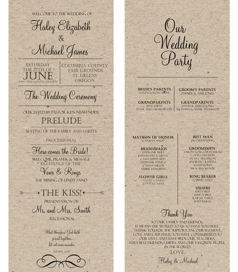 Rustic Wedding Program -kraft wedding program Off White, DIY Printable, Rustic, Vintage, Modern, Far Rustic Fonts, Rustic Wedding Programs, Diy Wedding Programs, Wedding Speeches, Wedding Invitation Video, Wedding Speech, Beach Wedding Invitations, Rustic Invitations, Bridesmaids And Groomsmen