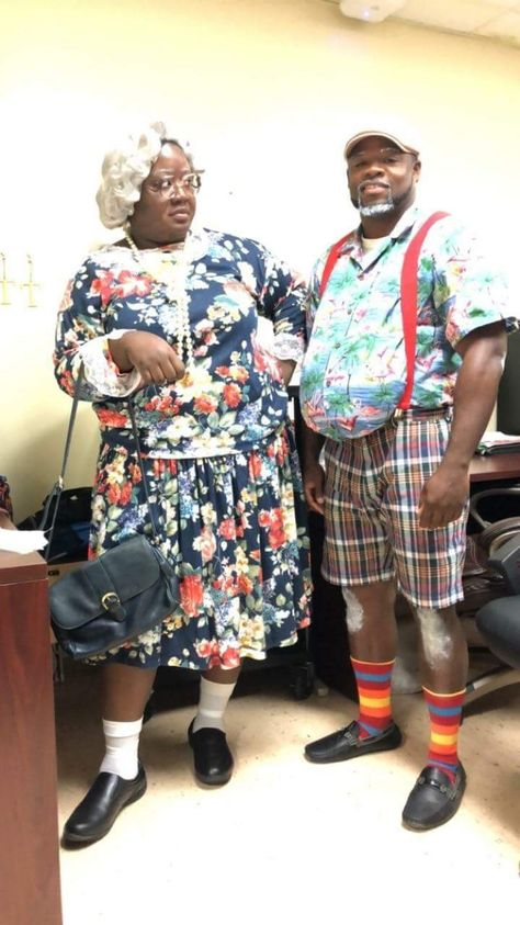 Madea and Mr. Brown costume Black Spirit Week Outfit, Madea Costume Idea, Elderly Halloween Costume, Senior Citizen Day Spirit Week Outfits, Madea Halloween Costume, Madea Costume, Elderly Costume, Senior Citizen Day Spirit Week, Plus Size Costume Ideas