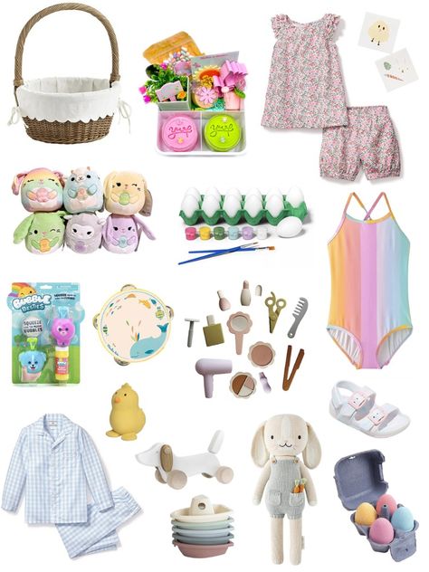 Easter Gifts: What's Going in My Kids' Easter Baskets Baby Easter Basket, Kids Baskets, Easter Morning, Coloring Supplies, Wood Dog, Floral Pajamas, Dog Shop, Egg Painting, Kids Easter