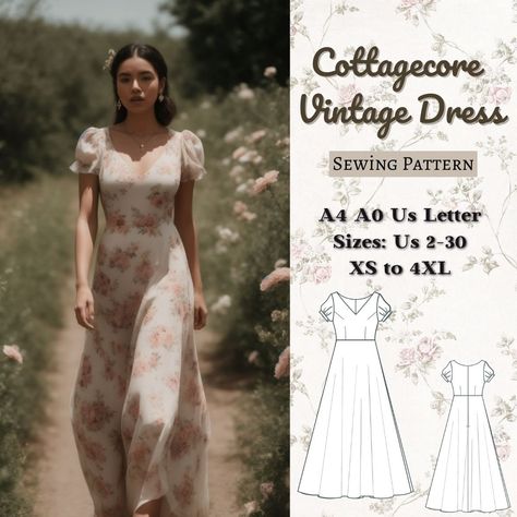 Cottagecore Vintage Dress Sewing Pattern  in PDF format, offering various size options. Size options include US Sizes from 2 to 30 and Standard Sizes from XS to 4XL, suitable for A4, A0, and US Letter size papers. Upon payment processing, receive automatic download links for the pattern files. Note that this is a digital product, not a finished item; you will receive zip files comprising both patterns and sewing instructions. Don't hesitate to contact me with any questions or concerns! Happy Sewing! :) Diy Cottagecore Dress Pattern, Free Vintage Dress Patterns, Celtic Dress Pattern, Pattern For Dress For Women, Dress Patterns For Plus Size Women, Modest Dress Sewing Patterns, Midi Dress Pattern Sewing, Empire Dress Pattern, Sewing Cottagecore