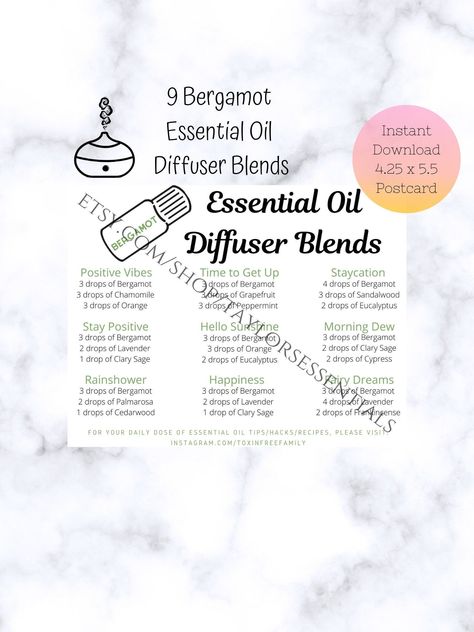 PLEASE READ BEFORE PLACING YOUR ORDER ✧Description✧ Tired of scrolling through your pictures/Instagram/Pinterest to try to find essential oil diffuser blends? This Bergamot Essential Oil Diffuser Blends Recipe Card is perfect to save on your phone, or print out and keep by your essential oils or send as happy mail to your essential oil downline/oily friends! On the recipe card, I share 9 of my favorite Bergamot Essential Oil Diffuser Blends! ✧Each Order Includes: (1) Bergamot Essential Oil Diffu Tangerine Diffuser Blends, Bergamot Diffuser Blends, Bergamot Diffuser Blend, Tangerine Essential Oil, Essential Oil Diffuser Blends Recipes, Essential Oil Spray, Essential Oil Roller Bottle, Oil Diffuser Recipes, Essential Oil Blends Recipes