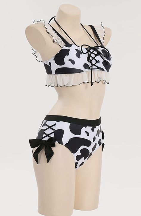 Black and White Cow Bikini Swimsuit Swimsuit Aesthetic, Bathing Suit Outfits, Basic Clothes, Aesthetic Black And White, Women Anime, Black And White Cow, Suit Clothing, Summer Goth, Outfit Korean