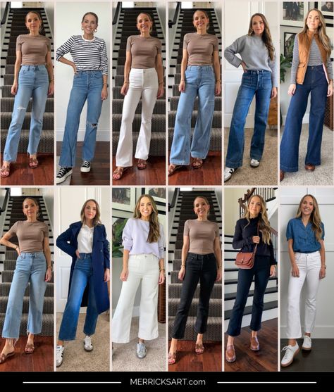 Trending Jean Styles for 2024 - Merrick's Art Womens Fall Jeans, Styling Wide Leg Jeans, Jeans Men Fashion, 10 Item Wardrobe, Jean Styles, Organized Closet, Capsule Wardrobe Women, Wide Legged Jeans, Makeover Tips