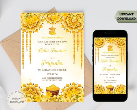 Indian Haldi Invitation Card | Pithi Ceremony Invitation | Maiyan Invitation | Electronic Haldi Night Invite | DIGITAL DOWNLOAD by SimplyStunningPrints on Etsy Haldi And Sangeet Invitation, Haldi Ceremony Template, Haldi Invitation Card, Haldi Celebration, Haldi Invitation, Shadi Card, Ceremony Invitation, Haldi Ceremony, Digital Invitation