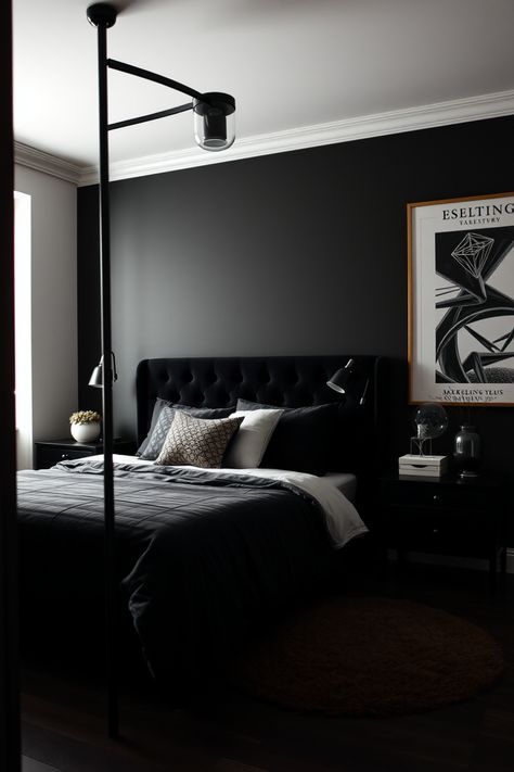 Grey Room Ideas Bedroom, Black Bedroom Aesthetic, Modern Black Bedroom, Dark Gray Bedroom, Dark Grey Rooms, Black Bedroom Design, Black Bedroom Decor, Black Rooms, Mens Bedroom