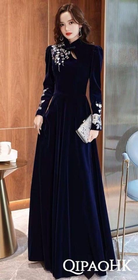 Vintage Style Dresses Formal, Cheongsam Long Sleeve, Chinese Dress Modern Mandarin Collar, Most Beautiful Dresses In The World, Formal Long Dresses Elegant, Aline Dress Formal, Gorgeous Dresses Elegant, Full Dress Designs, Elegant Formal Dresses Long