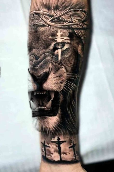 50 Best Leo Zodiac Tattoo Design Ideas Lion Of Judah Forearm Tattoo, Lion Scripture Tattoo, Lion With Cross In Eye Tattoo, The Lion Of Judah Tattoo, Lion With Thorn Crown Tattoo, Christian Half Sleeve Tattoo Men, Christian Lion Tattoos For Men, Lion Of Judah Tattoo Men, Leo Tattoo For Men