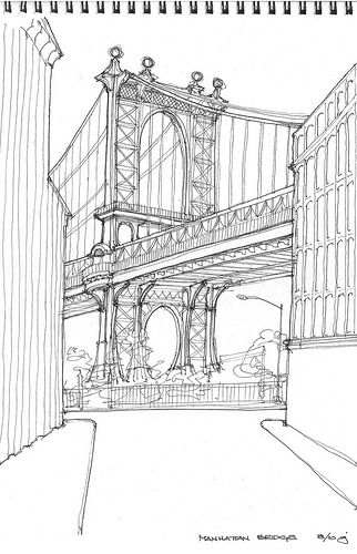 Manhattan Bridge | Sketch before watercoloring | James Anzalone | Flickr Pencil Drawing Background, Nyc Drawing, New York Drawing, Easy Drawing Step By Step, Drawing Beach, Bridge Drawing, New York Painting, Architecture Drawing Sketchbooks, Perspective Drawing Architecture