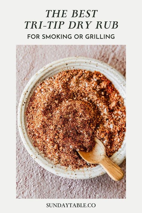 This tri-tip dry rub is perfect for smoking or grilling! It has brown sugar, garlic, onion, paprika, chili powder, salt, pepper, and a bit of spice for a flavorful, simple dry rub recipe. Forget marinade, dry rubbing is easy, quick and so delicious! Just season the trip-tip, grill it or smoke it, and use the steak on sandwiches, crostini, or just on its own. You can also use this seasoning on any cut of steak or BBQ recipe. No matter how you eat it, this rub will make for the best tri-tip ever! Tri Tip Rub, Tri Tip Marinade, Blue Cheese Burgers, Bbq Dry Rub, Slow Cooker Apple Butter, Bbq Recipe, Dry Rub Recipes, Dry Rubs, Barbeque Recipes