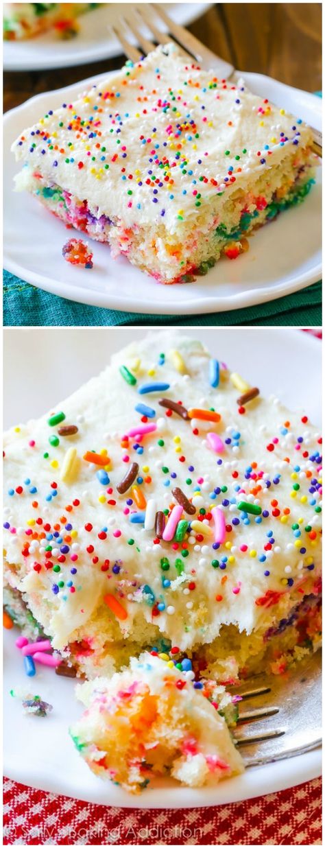 Funfetti Sheet Cake! This cake... wow... it's a crowd pleaser. Soft, buttery, filled to the brim with sprinkles. And the vanilla frosting is out of this world. Funfetti Sheet Cake, Sheet Cake Recipes, Diy Spring, Vanilla Frosting, Piece Of Cake, Yummy Sweets, Crowd Pleaser, Sheet Cake, Cakepops