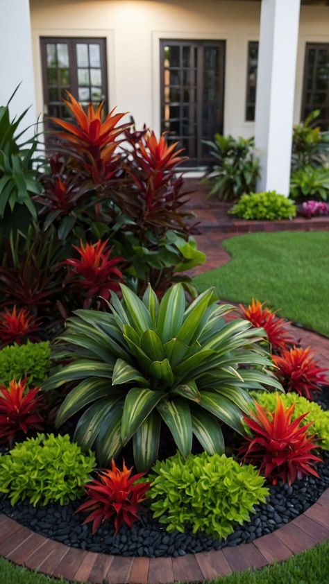 Discover stunning tropical landscape design ideas for your outdoor space From modern Balinese garden plans to backyard ideas front yard entrance styles and lush small gardens Create a tropical paradise with these innovative and elegant landscaping concepts Front Yard Beach Landscaping, Corner Landscaping Ideas Backyard Full Sun, Midcentury Backyard Landscaping, Coontie Palm Landscaping, Lush Tropical Garden, Tropical Landscaping Full Sun, Modern Front Landscaping Ideas, Sw Florida Landscaping Ideas, Florida Panhandle Landscaping Ideas