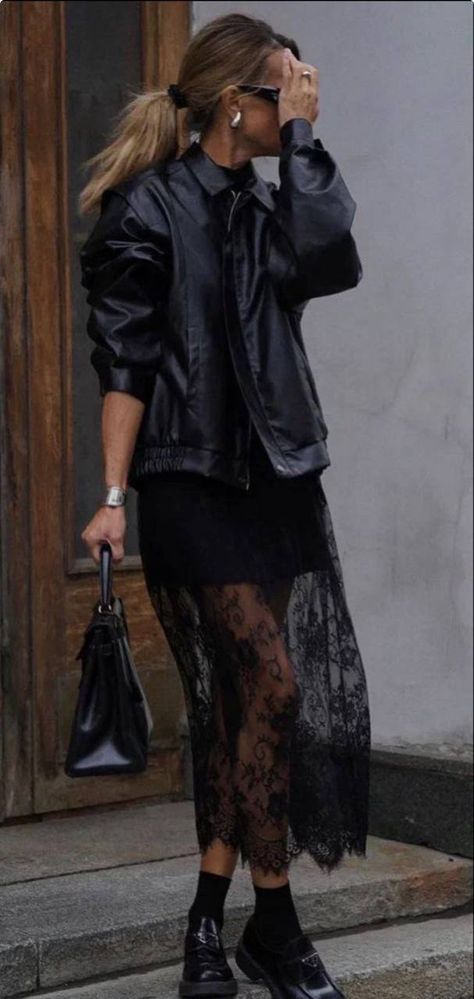 Lace 2024 Trend, Lace And Leather Outfit Ideas, Lacy Skirt Outfit, Carrie Bradshaw Fall Outfits, Black Slip Skirt Outfit Fall, Black Sheer Skirt Outfit, Black Lace Maxi Skirt Outfit, Long Black Lace Skirt Outfit, Sheer Lace Skirt Outfit