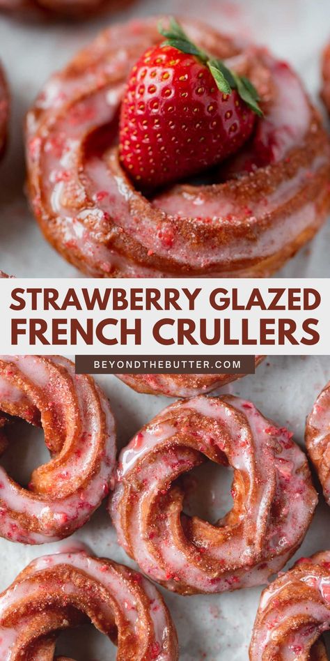 Strawberry Glazed French Crullers are where it's at! They're made with a choux pastry, also known as pâte à choux, that's fried to a nice golden brown on the outside with a light and airy delicious inside. Dipped in a homemade strawberry glaze and sprinkled with strawberry sugar, these are a definite must-make for summer or any time of the year! Find the full recipe on BeyondtheButter.com Homemade Strawberry Glaze, Paper Mache Moon, Giant Paper Mache, Yummy Food Recipes, French Crullers, Strawberry Sugar, Homemade Donuts Recipe, Strawberry Glaze, Dessert Aux Fruits