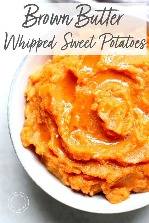 Try these easy whipped sweet potatoes with brown butter for a healthier take on sweet potato casserole! Packed with mostly healthy ingredients and topped with decadently, nutty and flavorful brown butter, this recipe is sure to please! #ThanksgivingRecipes #sweetpotatoes Brown Butter Mashed Sweet Potatoes, Sweet Potato Whipped, Brown Butter Sweet Potato Casserole, Brown Butter Sweet Potatoes, Whipped Sweet Potato Recipes, Whipped Sweet Potato Casserole, Topping For Sweet Potatoes, Boiled Sweet Potato Recipes, Ways To Cook Sweet Potatoes