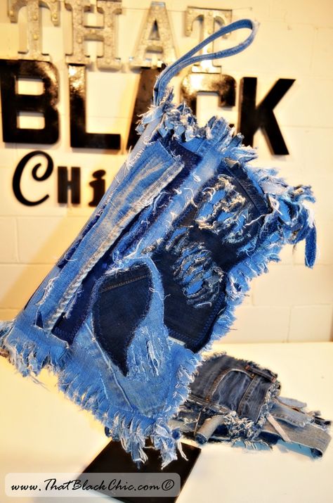 DIY TIME: Distressed denim DIY fold-over clutch [inspired by YouTuber Tangie B.] | That Black Chic Denim Clutch Bags, Deconstructed Denim, Diy Purses, Patchwork Clutch, Denim Diy Clothes, Funky Bags, Denim Bag Patterns, Jean Purses, Denim Clutch