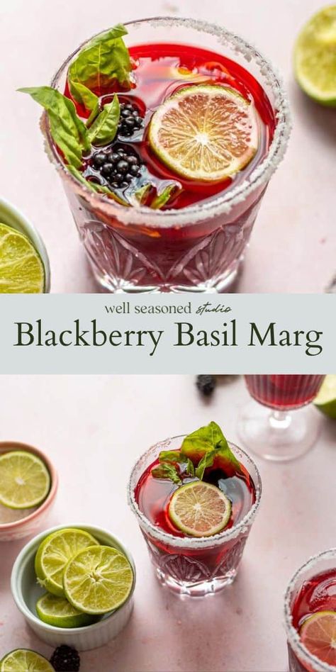 Blackberry Basil Margarita, Blackberry Basil Cocktail, Muddled Basil, Blackberry Margarita Recipe, Blood Orange Margarita Recipe, Basil Margarita, Mixology Recipes, Blackberry Margarita, Tart Flavors