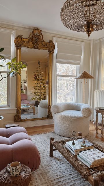 Antique Mirror In Living Room, Living Room Designs Antique Modern, Mirrors In Apartment, Pier Mirror Antique, Mirror With Curtains, Mirror Between Two Windows, Antique Apartment Decor, Mirror In Living Room Ideas, Antique Modern Living Room